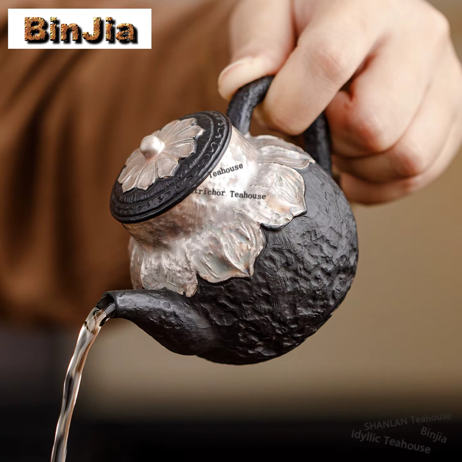 BinJia Keramik-Teekanne im chinesischen Stil aus Ton, Schwarz-Lila mit Silberakzenten, 200 ml - Bild 2