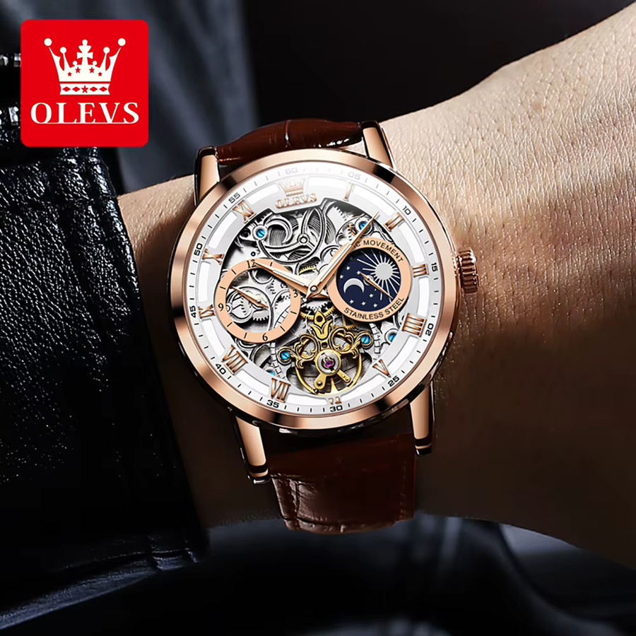 OLEVS Armbanduhr, Automatik, Skelett, Edelstahl, Leder, Herren - Bild 2