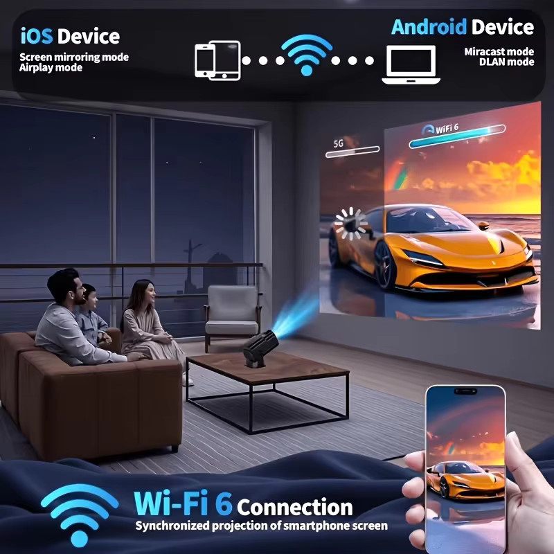 Sucetiho HY320 Mini-Videoprojektor in Schwarz mit Android 11, 720P HD-Auflösung, 300 ANSI, Wifi6 und Bluetooth 5.0 für 4K-Filme mit 180 Grad drehbarem Design - Bild 4