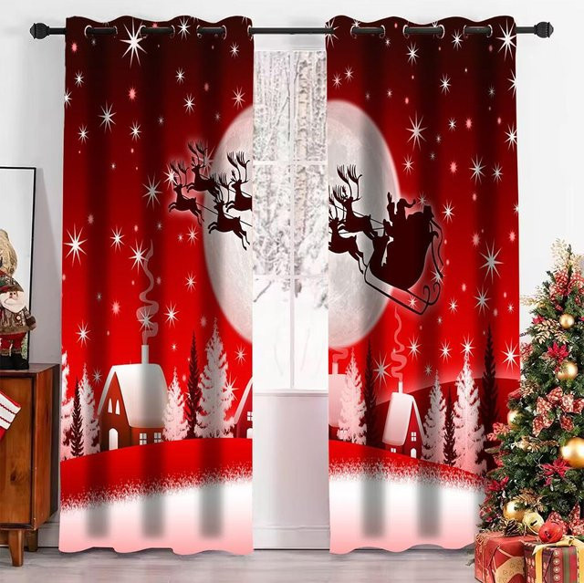 Weihnachtsvorhänge mit Schneebaum-Motiv in Rot, 2er-Set aus Polyester für Wohnzimmer, Schlafzimmer oder Küche, Höhe: 160 cm, Breite: 50 cm - Bild 1