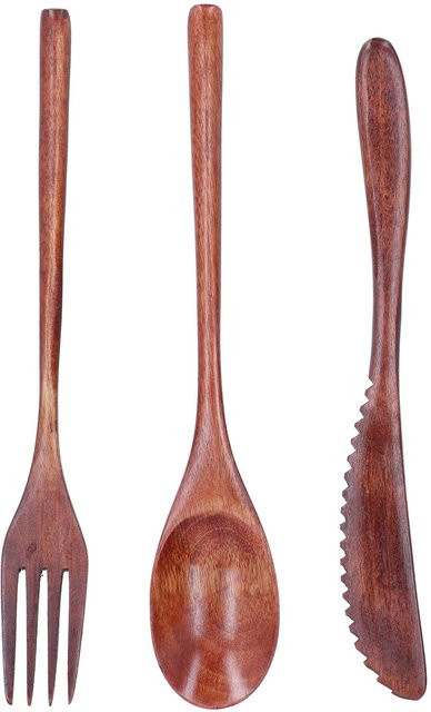 TOMTOP JMS 3-teiliges Besteckset aus Holz mit Messer, Gabel und Löffel in Braun mit rutschfestem Griff - Bild 1