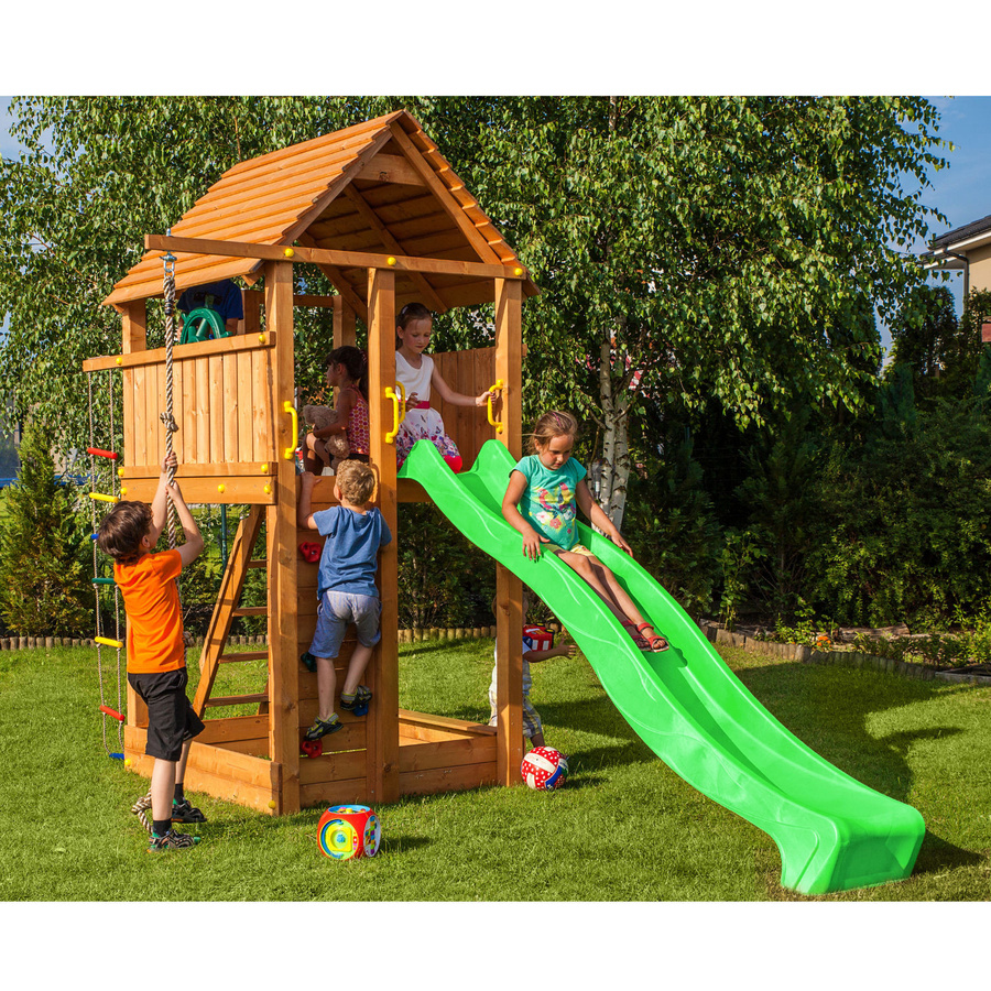 Fungoo Spielturm Fortress aus Teakholz mit Rutsche, Holzdach, Kletterseil, Kletterwand und Leiter - Bild 2