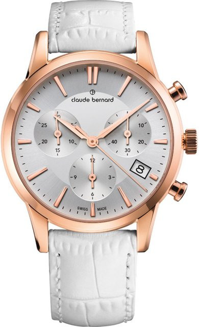 Claude Bernard Chronograph, Damenuhr, Quarz, Edelstahl, 35 mm, Leder, Weiß - Bild 1