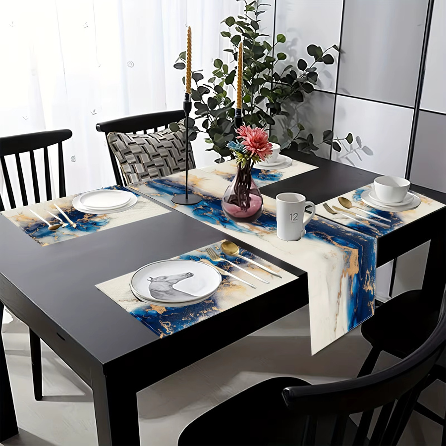 VIKAMA 7-teiliges Luxus-Tischset mit Marmormuster in Blau, Weiß und Gold bestehend aus Tischsets und Tischläufern - Bild 3