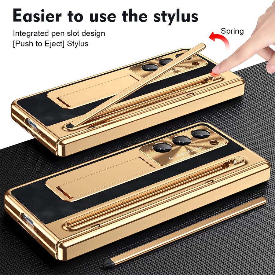 PU-Leder Handyhülle mit Glasfilm-Stiftschlitz und Stiftständer für Samsung Galaxy Z Fold 7, 6, 5, 4, 3 inklusive Scharnier-Schutz in Blau und Gold - Bild 5