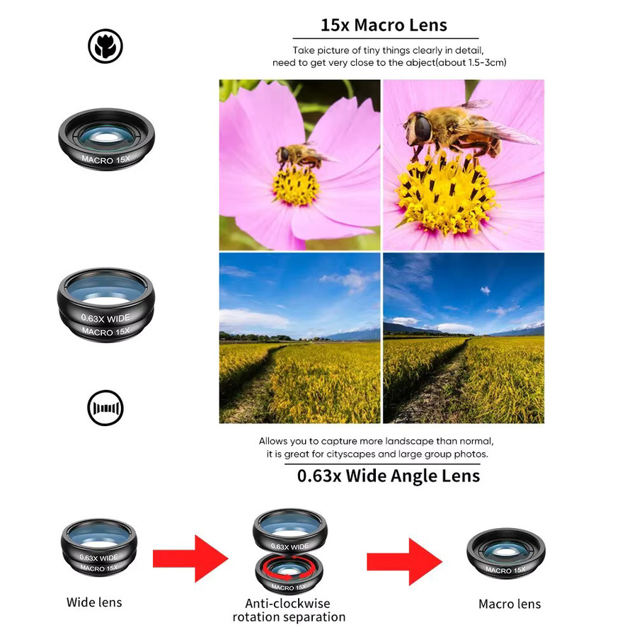 APEXEL 10-in-1 Smartphone Objektiv Set mit 22X Telezoom, Fischaugen, Weitwinkel, Makro und CPL Filter in Schwarz für alle Smartphones - Bild 3