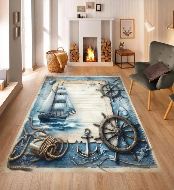 Lodestar Dekorativer Teppich im Nautik-Retro-Stil mit Anker- und Wellenmuster, Blau, B/H: 60 x 40 cm - Bild 1