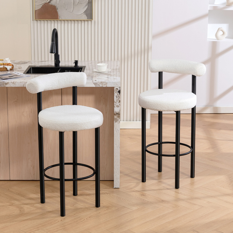 HOMCOM 2er-Set Barhocker aus Bouclé-Stoff in Creme mit geschwungener Rückenlehne und Metallbeinen, B/T/H: 50 x 52,5 x 98 cm - Bild 2