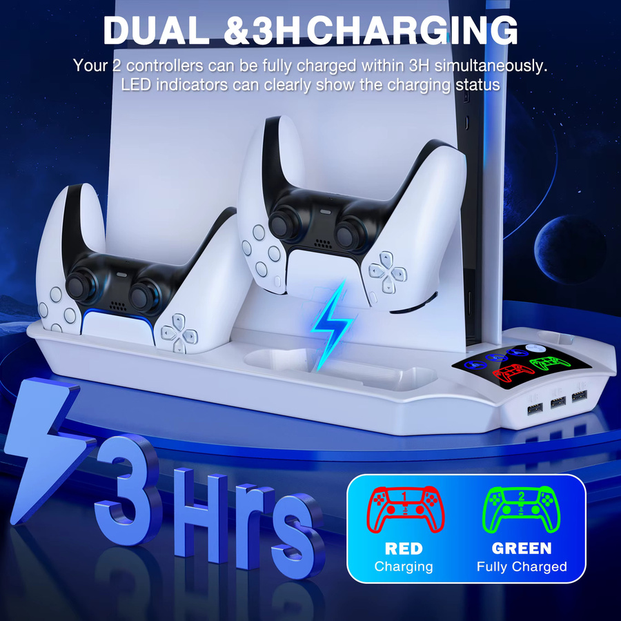 BEBONCOOL Kühlständer für PS5, PS5 Slim und PS5 Pro mit Kopfhörerhaken, Controller-Ladegerät und 3-stufigem Lüfter, Farbe: Weiß - Bild 4