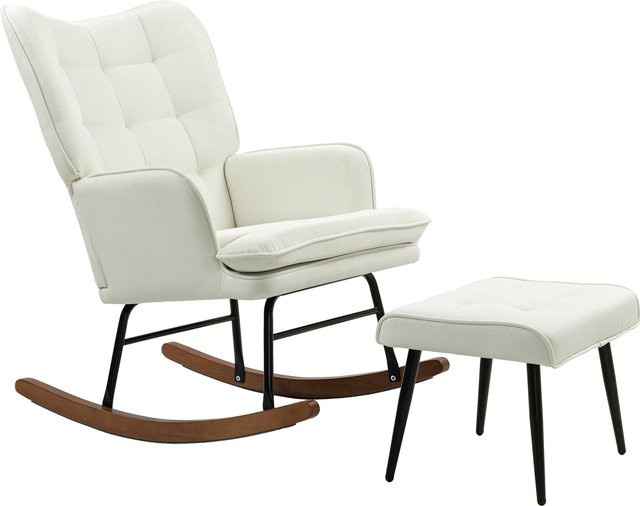 HOMCOM Schaukelstuhl mit Hocker in Weiß, moderner Schwingsessel in Leinenoptik mit Armlehnen für Wohnzimmer und Schlafzimmer - Bild 1
