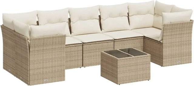 vidaXL 8-teilige Garten-Sofagarnitur in L-Form aus beigem Poly-Rattan mit Kissen und Stauraum - Bild 1