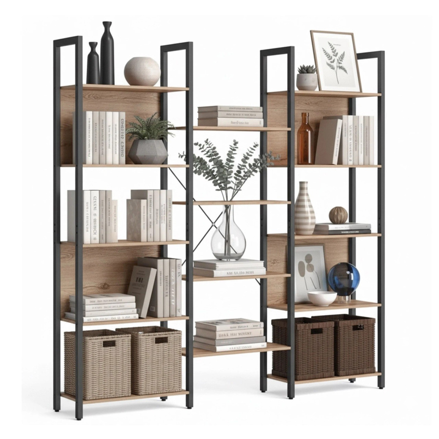 Relaxdays Bücherregal in Hellbraun mit 14 Ablagen aus MDF und Eisen, B/H/T: 166 x 158 x 24 cm - Bild 2