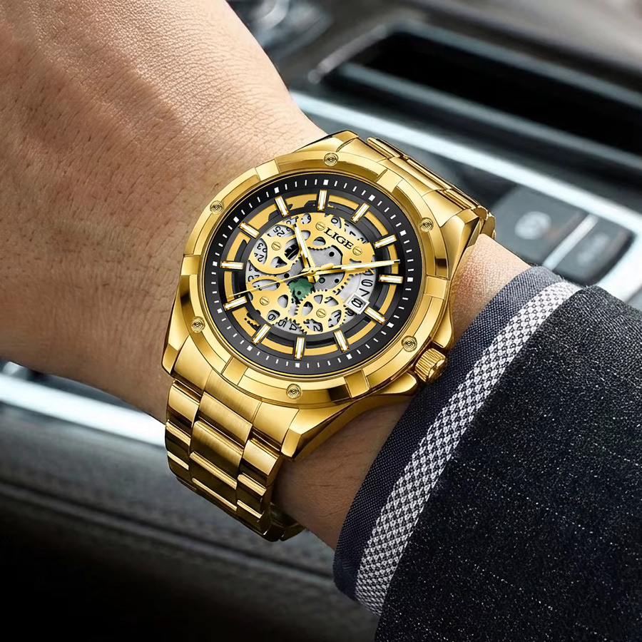 LIGE Armbanduhr Skelett, Quarz, Gold, Edelstahl, Herren - Bild 4