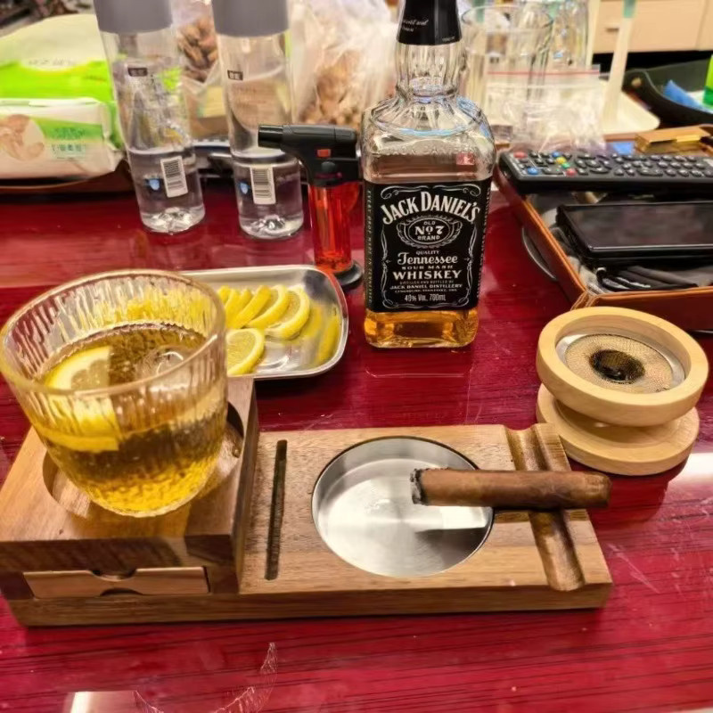 KeYi Holz-Zigarrenaschenbecher in Braun mit Whiskyglashalter, Stahlschlitz und Schublade - Bild 6