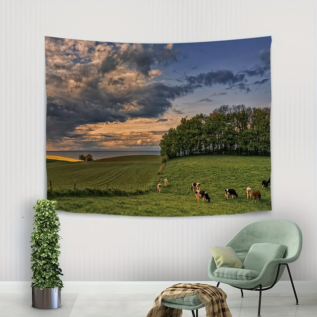 VIKAMA Pastoraler Wandteppich mit Wolken und Wiesen in Mehrfarbig, Rustikaler Stil, B/H: 60 x 40 cm - Bild 1