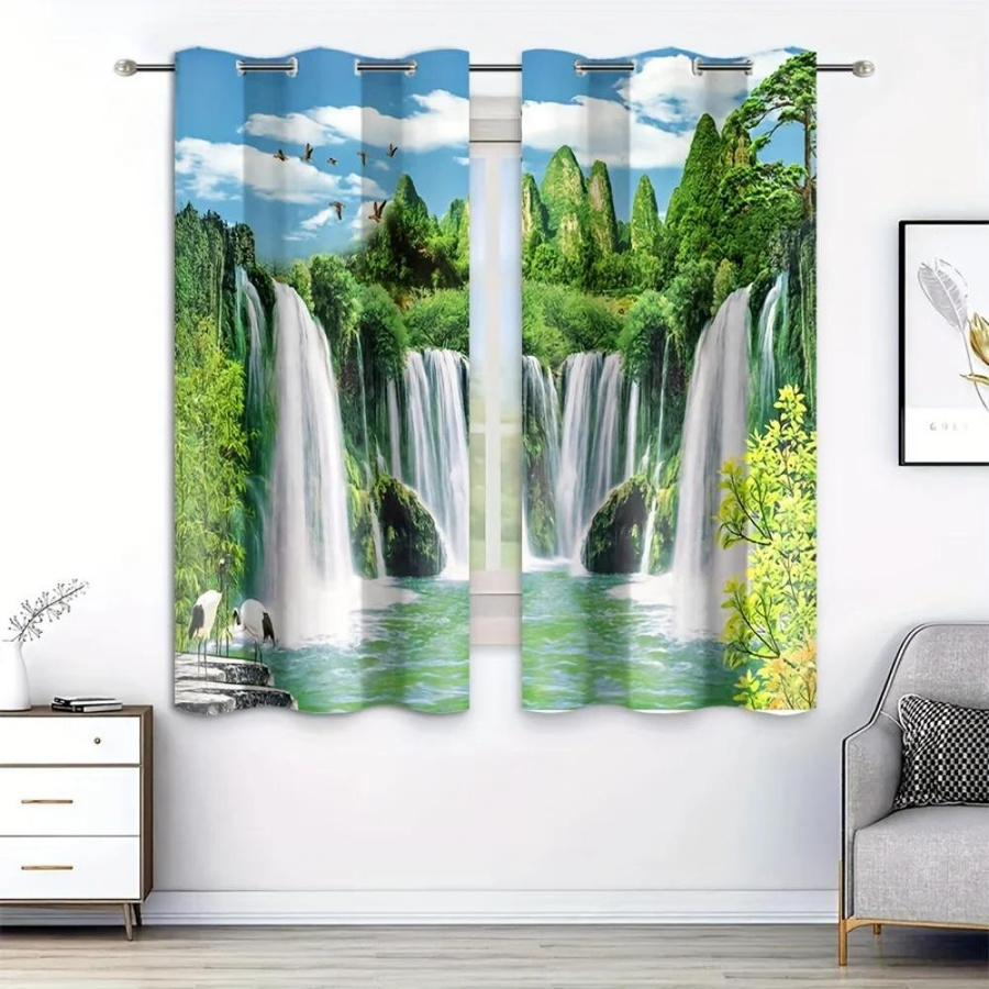 Yiran Furniture Vorhang Set mit Wasserfall Vogel Kran Motiv aus Polyester, halbtransparent, Mehrfarbig, B: 50 cm, H: 100 cm, 2 Stück - Bild 3