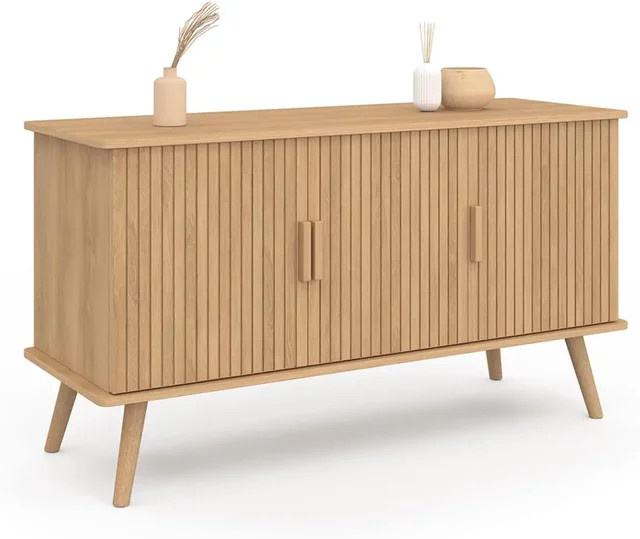IDMarket Anrichte Juliette in Beige mit 3 Türen und Latten im skandinavischen Design, Breite: 110 cm - Bild 1