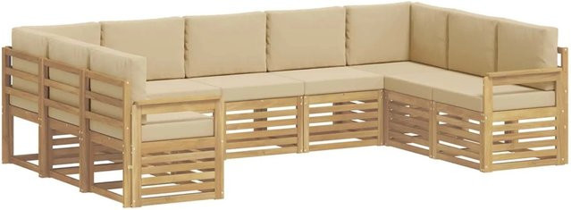 vidaXL Outdoor-Sofagarnitur 7-teilig in L-Form aus Akazienholz mit Polstern in Weiß und Beige, B/T/H: 304 x 128,5 x 73 cm - Bild 1