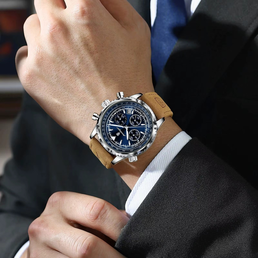 POEDAGAR Chronograph, Quarz, Leder, Blau, Herren - Bild 6