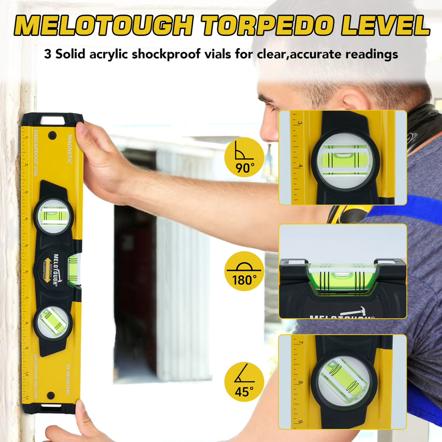 MELOTOUGH Torpedo-Wasserwaage aus Aluminium mit Magnet und Zollskala, Blau-Gelb, Breite: 30,5 cm - Bild 2