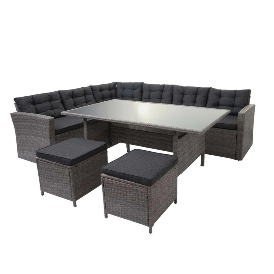 MCW Poly-Rattan-Garnitur A29 Lounge-Esstisch-Set in Grau mit Sofa, Kissen und 2 Hockern - Bild 3