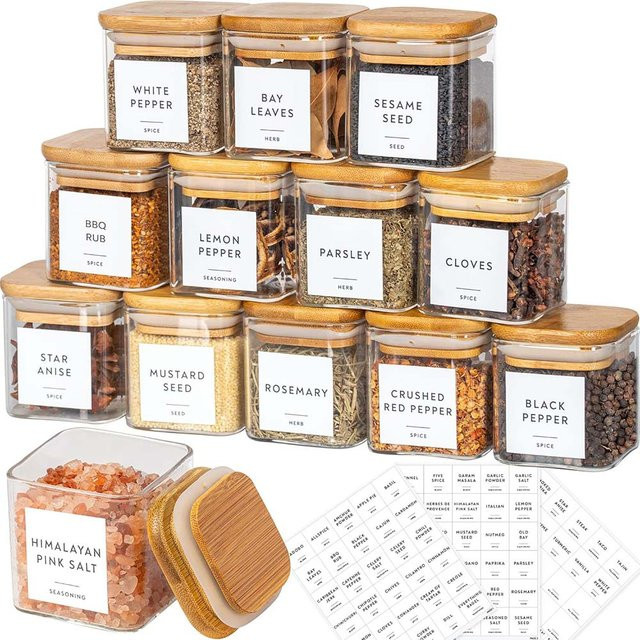 Set aus quadratischen Glasdosen mit Bambusdeckeln und Gewürzetiketten, transparent, 147 ml pro Glas - Bild 1