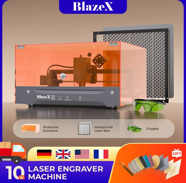 BlazeX M3 10W Laser-Gravier- und Schneidemaschine mit 10000mW, orangefarbenes DIY-Set der Klasse 1 mit 0,01mm Präzision inklusive Schutzgehäuse, Wabenbett, Materialkit und Schutzbrille - Bild 1
