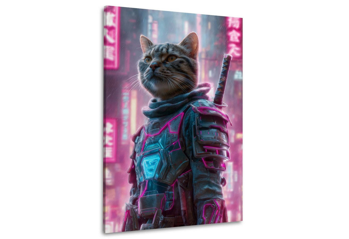 Artedinoi Leinwandbild Cyberpunk Katze Samurai Pop Art Kunstdruck XL - Bild 1
