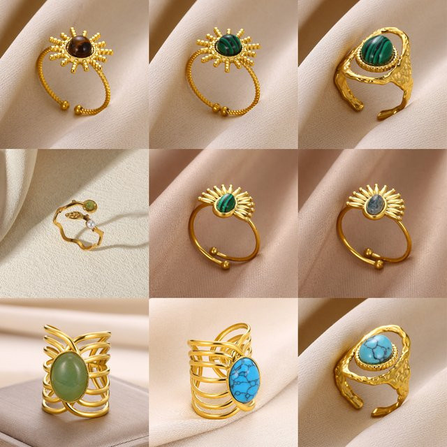 BAUTOBVC Ring, Edelstahl, Opal, Damen, Gold, Vintage - Bild 1
