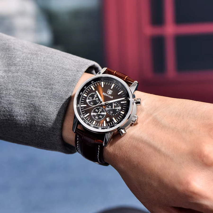 BENYAR Chronograph Armbanduhr, Quarz, Leder, Herren, Schwarz - Bild 2