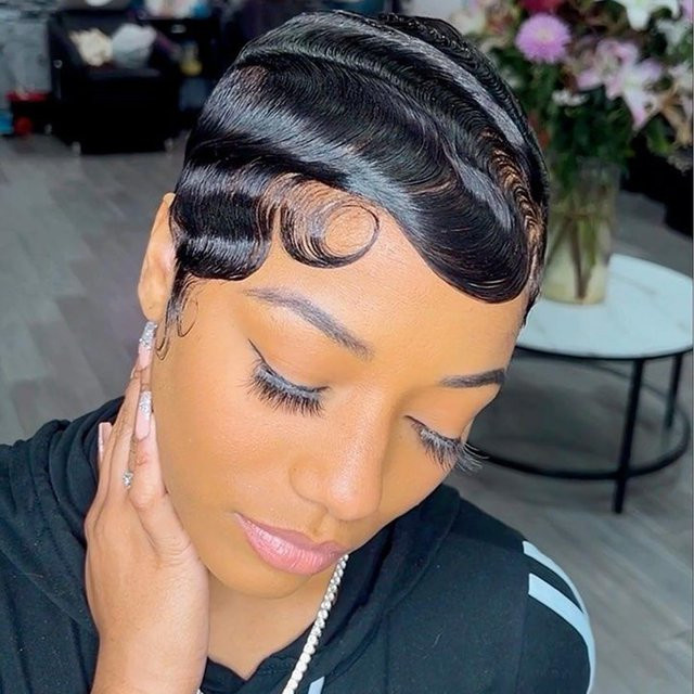 OYM HAIR Pixie-Schnitt-Perücke, Remy-Echthaar, kurz, lockig, schwarz - Bild 1