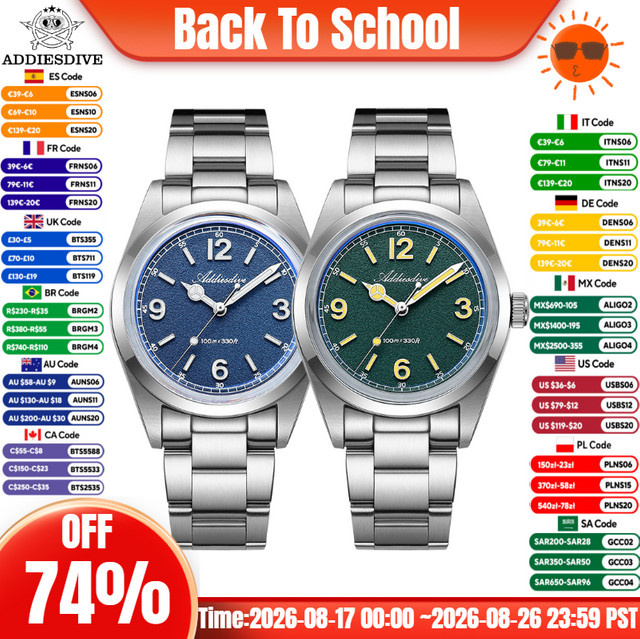 ADDIESDIVE Tauch-Quarzuhr, Edelstahl, 36 mm, Herren, Blau - Bild 1