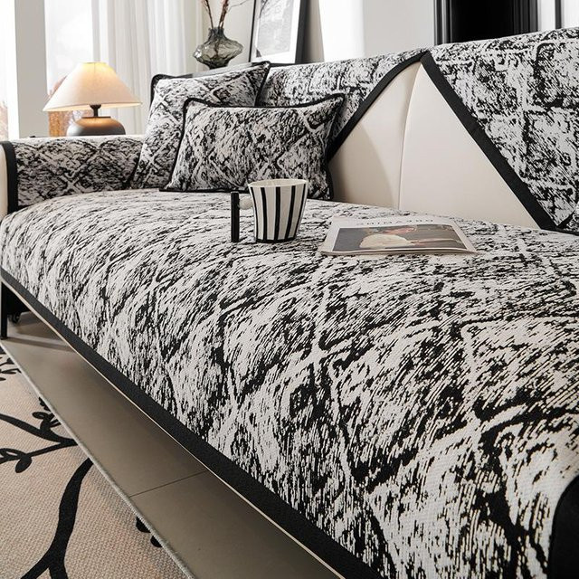 Binchi Outdoor Equipment Jacquard-Sofabezug im britischen Stil, L-Form, rutschfest und weich, Schwarz-Weiß, B/T/H: 70 x 70 cm - Bild 1