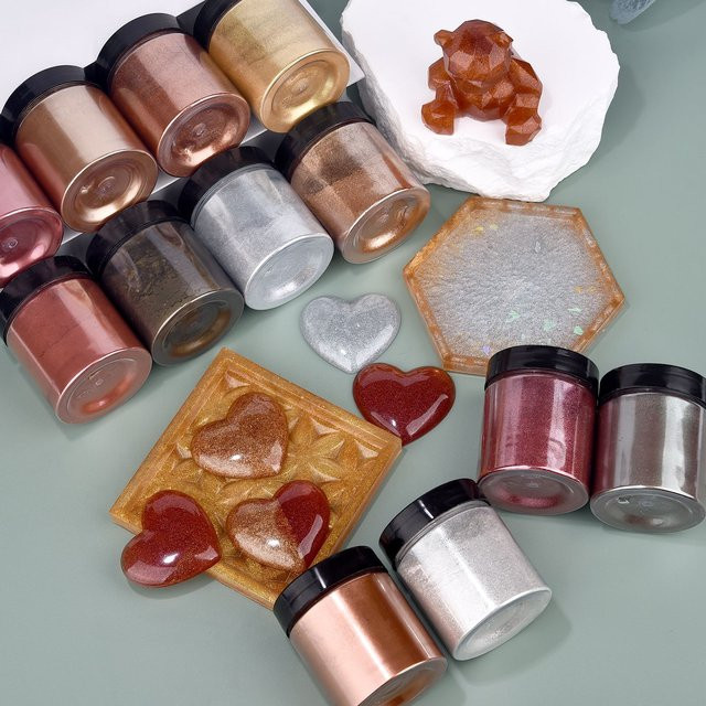 12 Farben Spiegel Metall Textur Perlenpulver Set für Epoxidharz, Seife und Kerzen, 50 g - Bild 1