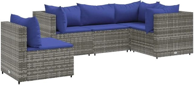 vidaXL 5-tlg Garten-Lounge-Set in L-Form aus Poly Rattan und Metall mit Kissen in Grau und Blau - Bild 1