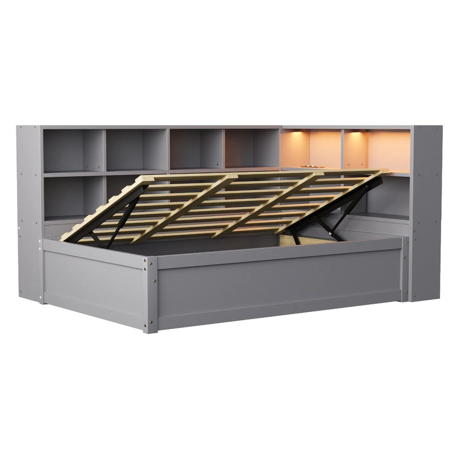 Merax Schlafsofa aus Massivholz und Stoff in Grau mit LED-Unterbettbeleuchtung, USB-Ladeanschluss und Stauraum, B/T/H: 90 x 200 x 82 cm - Bild 2