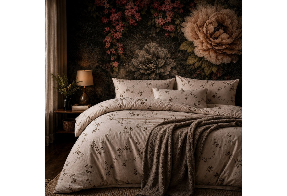ZIRVEHOME Bettwäsche Set aus Renforcé Baumwolle in Beige mit Blumen- und Zweigmuster, 2-teilig, Bettbezug 135 x 200 cm und Kissenbezug 80 x 80 cm - Bild 1