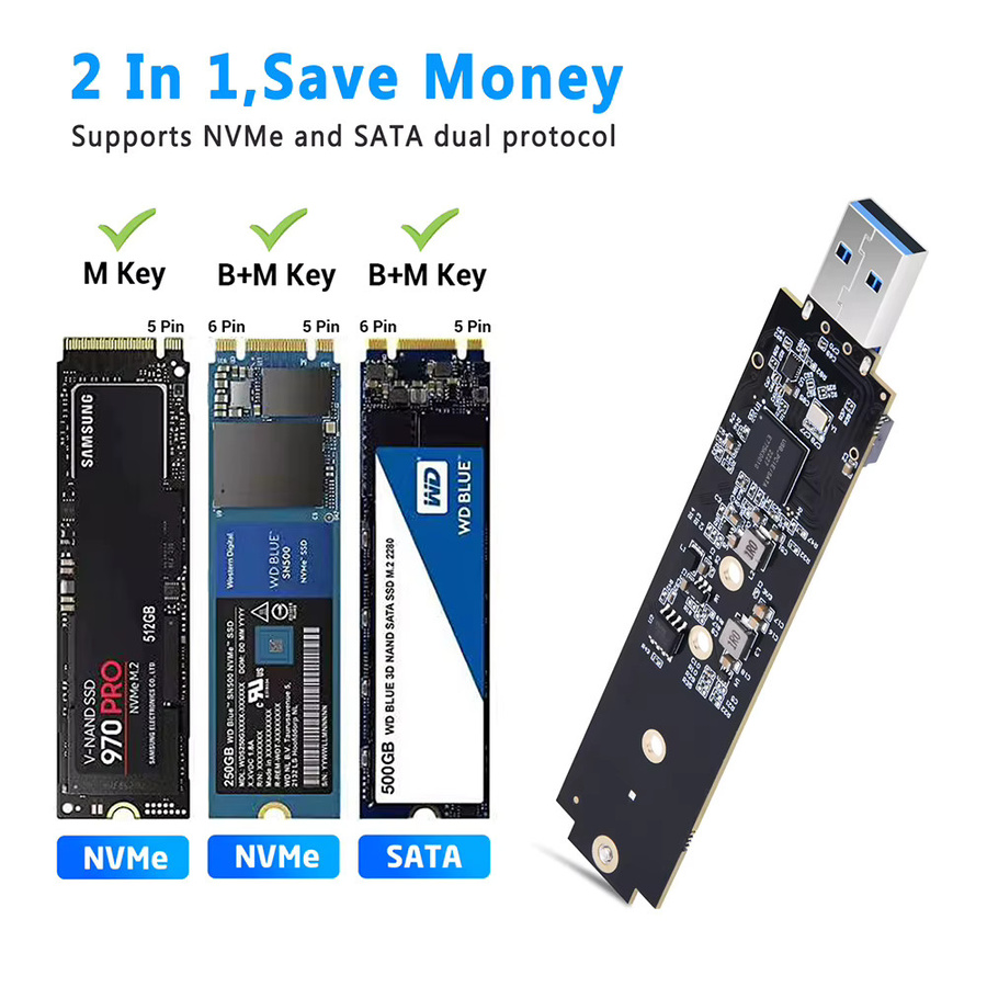 ALLOYSEED M.2 SSD zu USB 3.1 Adapter mit USB-C Anschluss für SATA und NVMe, B+M Key und M Key, Schwarz - Bild 2
