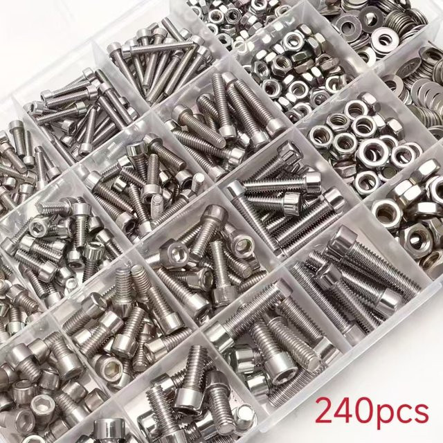 240-teiliges Set aus Mutter- und Bolzenkombinationen in Silber aus Edelstahl mit M2, M3, M4 und M5 sechseckigen Schrauben, Muttern und flachen Unterlegscheiben - Bild 1