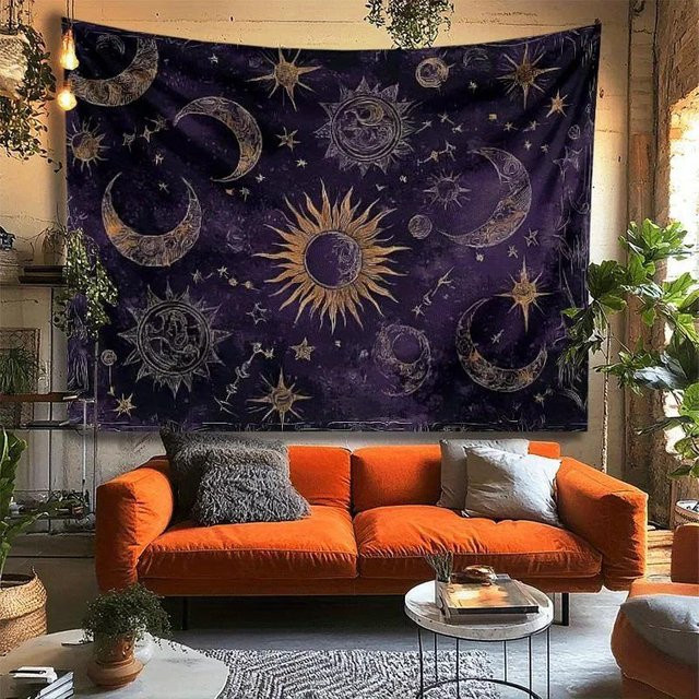 JFPillowPal Vintage Wandteppich mit Sternenhimmel, Sonne und Mond im Boho-Stil, grau und lila, B/H: 90 x 75 cm - Bild 1