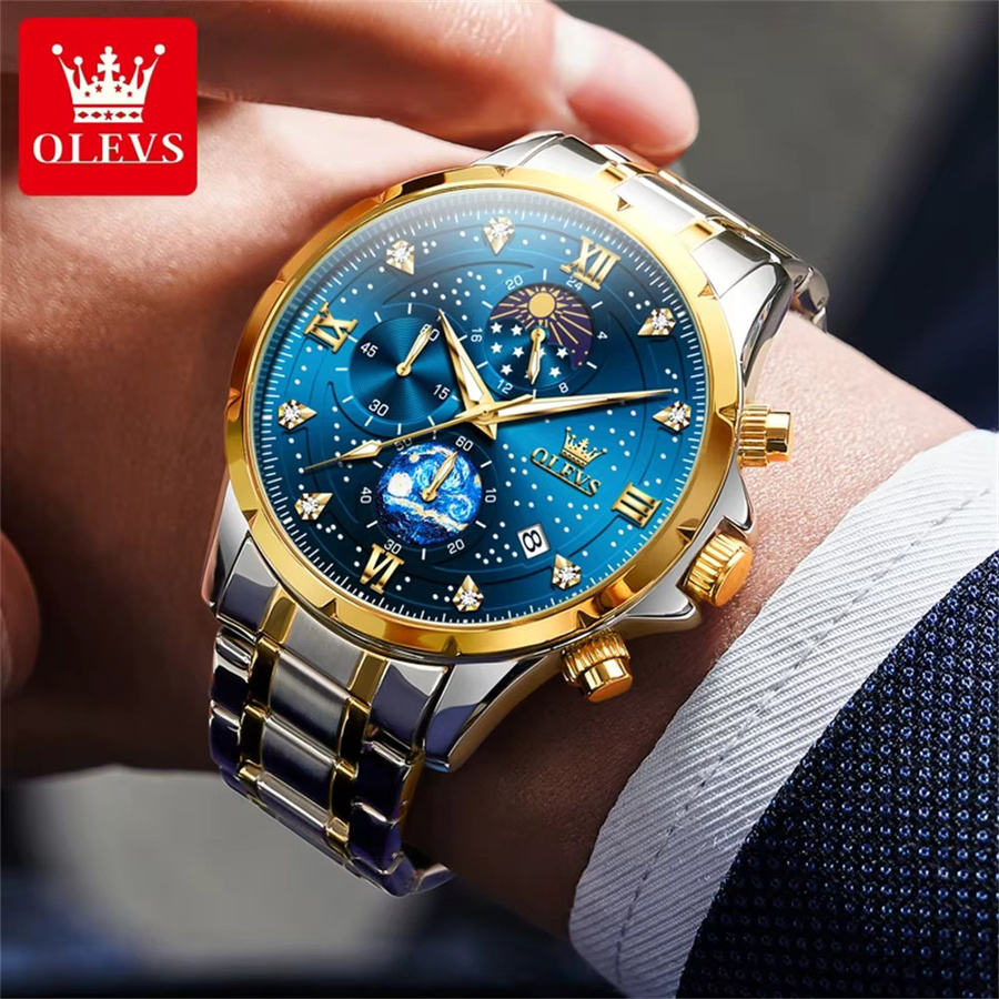 OLEVS Chronograph, Edelstahl, Bicolor, Blau, Herren - Bild 3