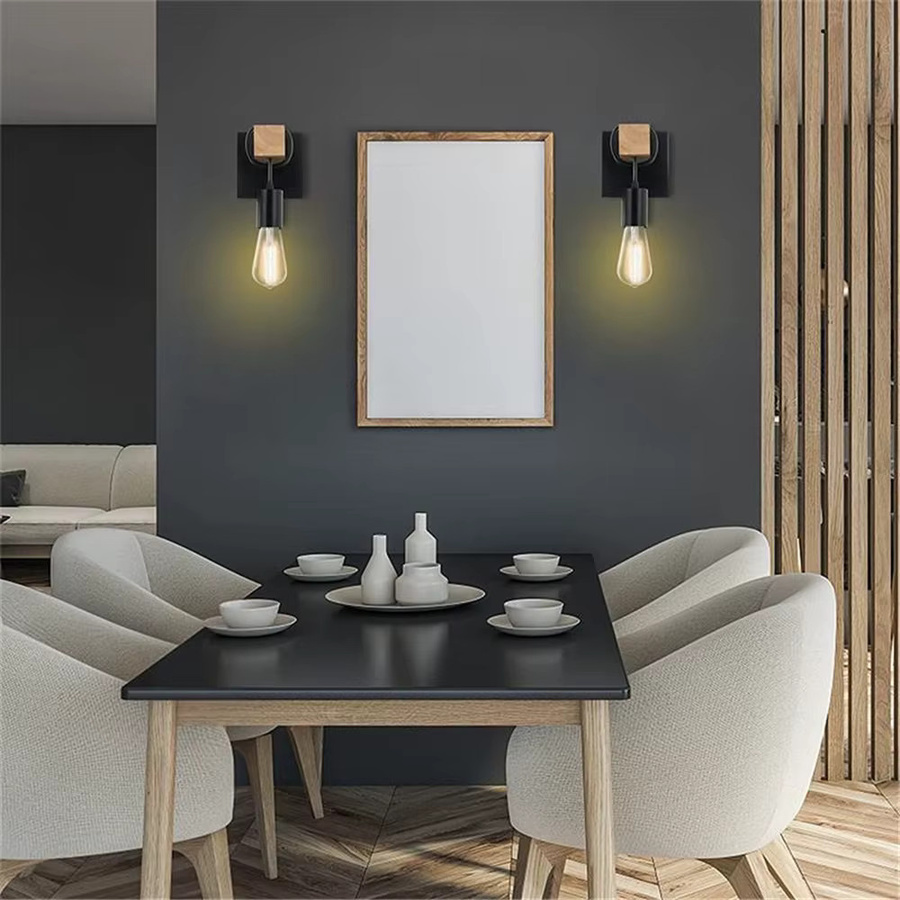OSABO Retro Holz LED Wandleuchte E27 in Schwarz für Wohnzimmer und Badezimmer - Bild 4