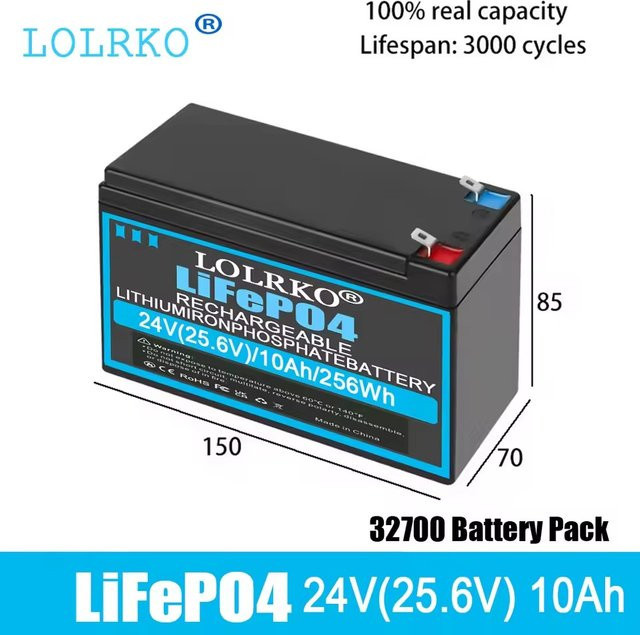 LOLRKO 24V LiFePO4-Akku 10Ah in Schwarz mit Kabel und Flachstecker für DIY-Elektronik, LED-Beleuchtung und Camping - Bild 1
