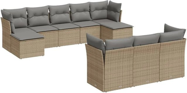 vidaXL 10-tlg Garten-Sofagarnitur in U-Form aus Polyrattan mit Kissen und Stauraum, Beige - Bild 1