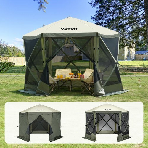 VEVOR Pop-Up-Pavillonzelt mit 6-seitigem Baldachin, Moskitonetz und 6 abnehmbaren Sichtschutz-Windtüchern, B/T/H: 305 x 305 x 229 cm, Armeegrün - Bild 1