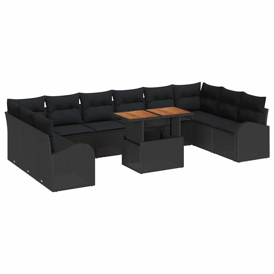 vidaXL Garten-Sofa-Set aus Poly Rattan in Schwarz, 11-teiliges U-Shape Set mit Stauraum und Polsterkissen - Bild 2