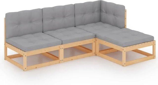 vidaXL 4-tlg. Garten-Lounge-Set aus massivem Kiefernholz in L-Form mit grauen Polsterkissen - Bild 1