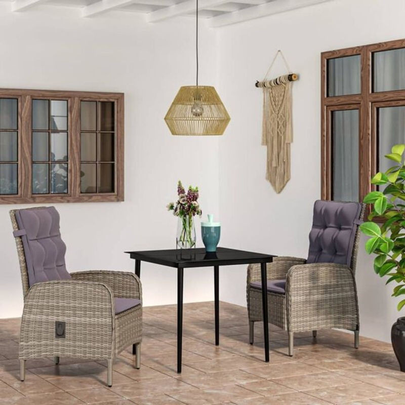 3-teilige moderne Garten-Essgruppe aus Rattan und Metall mit Glasplatte und Auflagen in Grau und Schwarz von vidaxl - Bild 1