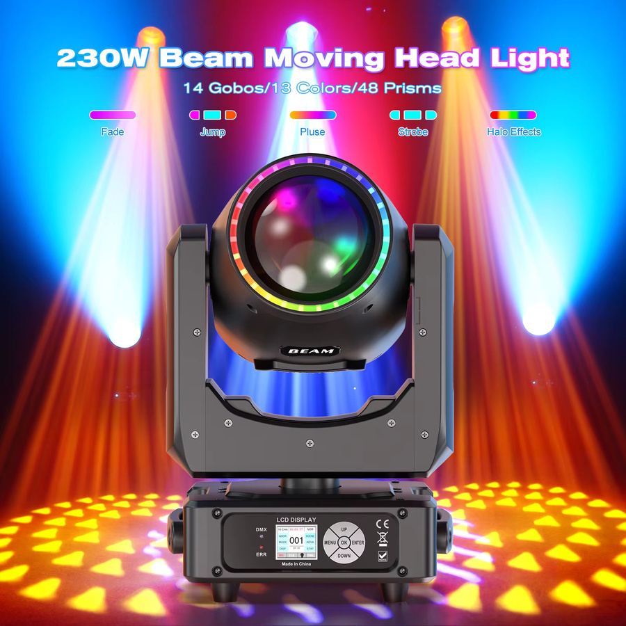 Yiflamefly 2er Set Mini Beam Moving Head Lights mit Ring, 230W LED Bühnenbeleuchtung, RGBW, 14 Gobos, 13 Farben und Regenbogeneffekt, Schwarz - Bild 1