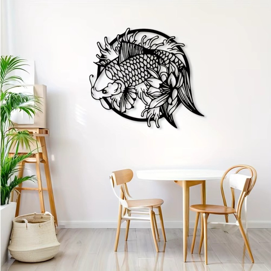 CIFBUY Metall-Wandkunst Koi-Fisch in Schwarz als 2D Lotus-Teich-Dekoration für Zen Feng Shui im Innen- und Außenbereich - Bild 2